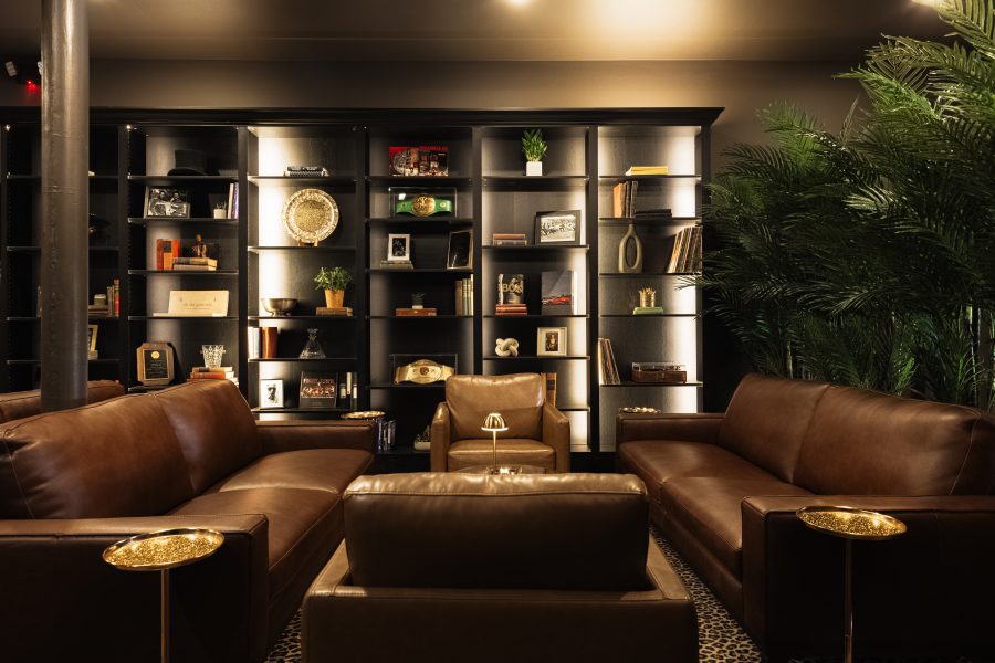 Leather sofas facing the shelving in the lounge