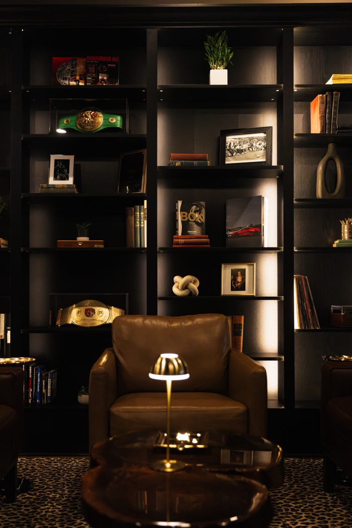 Lit shelving and a club chair in the lounge